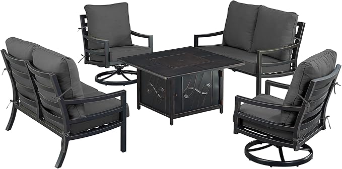 Oakland Living Black Aluminum Patio Fire Table Set with Two Deep Seating Loveseat with Cushions and Two Club Chairs with Black Cushions