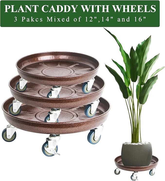 Metal Heavy Duty Plant Caddy Round Flower Pot Mover, 3 Pack Mixed of 12", 14" and 16" Rolling Plant Stand with Wheels, Indoor Outdoor Plant Dolly with Casters Planter Tray, Bronze