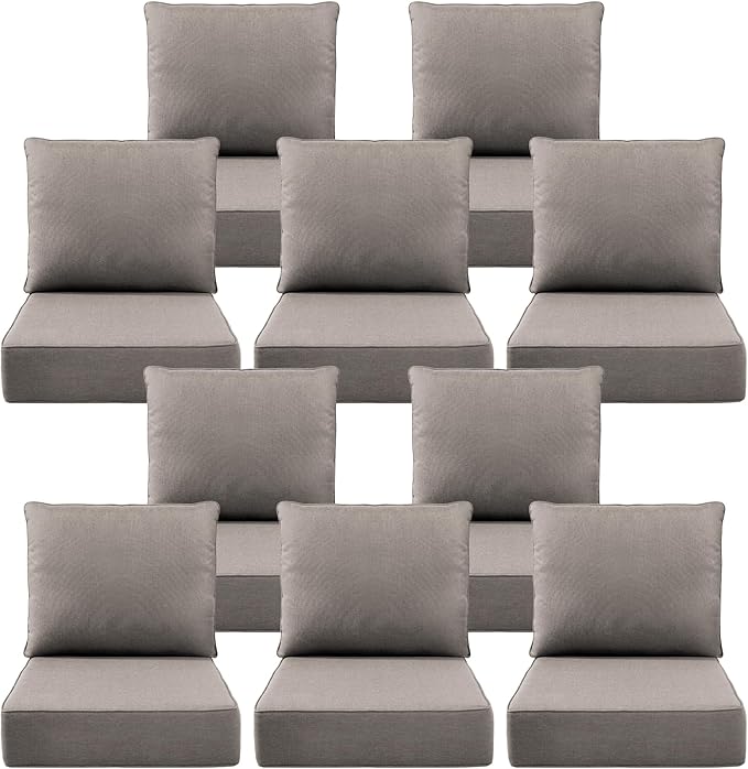 Luxury 6" Outdoor Cushions for Patio Furniture, 24x24x6 Thick Seat Cushion Set of 10, Fade Resistant Couch Chair Replacement Cushions High Density Deep Wicker Chair Cushion w/Removable Cover Gray