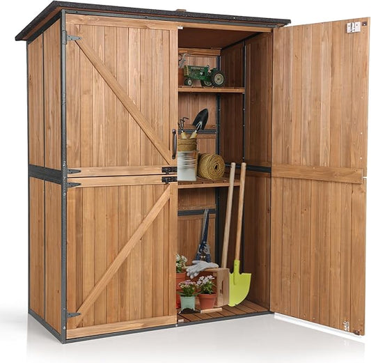 Aivituvin Storage Shed Outdoor Storage Cabinet Upgraded with All Arounded Metal Frame, Wooden Floor and Adjustable Shevels 55" L x 29" W x 67" H, Brown