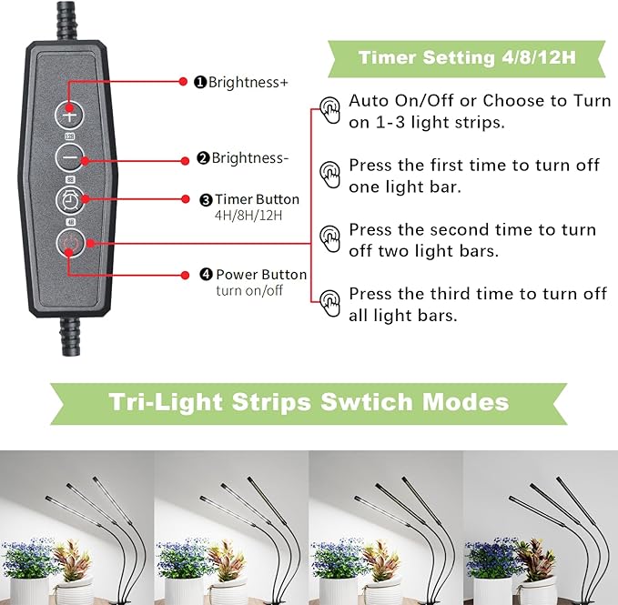 Super Bright Plant Grow Light Clip-on, 6000K Full Spectrum Gooseneck Growing Lamp with White Red Blue LEDs for Indoor Plants, Dimmable, Auto On/Off Timer 4/8/12Hrs, Independent Control Light Bars