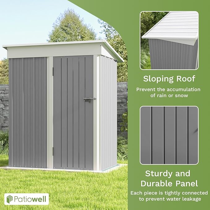 Patiowell 5x3 FT Outdoor Storage Shed, Garden Tool Shed with Sloping Roof and Lockable Door, Metal Shed for Backyard Garden Patio Lawn, Gray