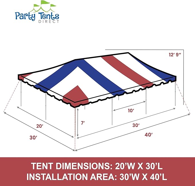 Party Tents Direct 20'x30' Weekender Canopy Pole Tent - Easy Up Canopy Tent with 120 Person Capacity - Outdoor Canopies for Parties, Weddings, & Events (Red White and Blue Top)