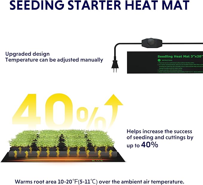 iPower Durable Seedling Heat Mat Warm 3" x 20" - 2 Pack with Temperature Adjustable Knob Hydroponic Heating Pad Waterproof for Seed Starting Greenhouse and Germination