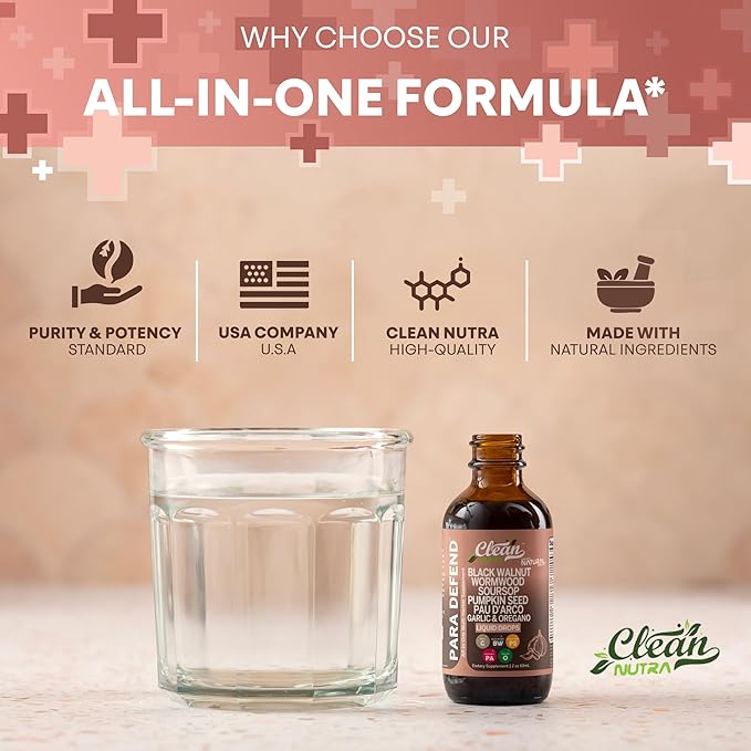 para Defend Wormwood Black Walnut Cleanse for Humans Drops Liquid Soursop Garlic Pumpkin Seed PAU D'Arco Oil of Oregano Turmeric Berberine Neem Extract Hull Bark Tincture by Clean Nutra