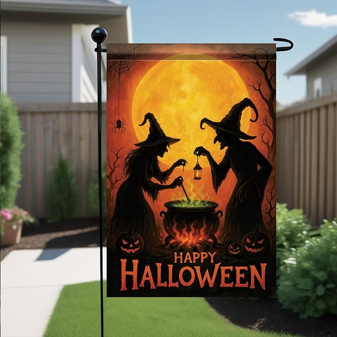 Happy Halloween Garden Flag Witches Cauldron Full Moon Flag 12x18 Inch Double Sided Outdoor Yard Banner for Trick or Treat Haunted House Halloween Decoration Decor