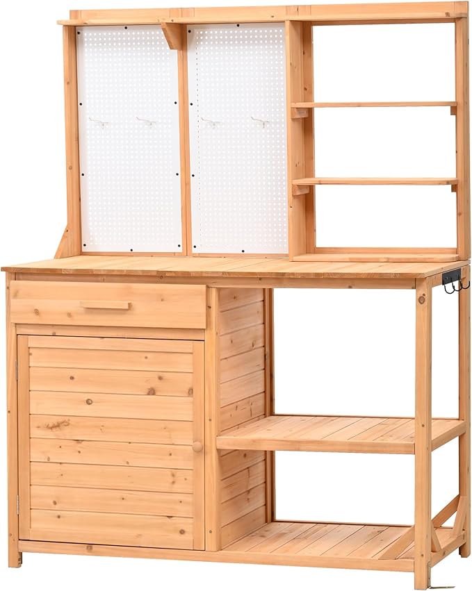 Fir Wood Potting Bench with Hutch - Outdoor Garden Workstation with 4 Shelves, Drawer & Adjustable Storage, 50.2" Countertop, & Pegboard (Natural + Wood + Rustic)