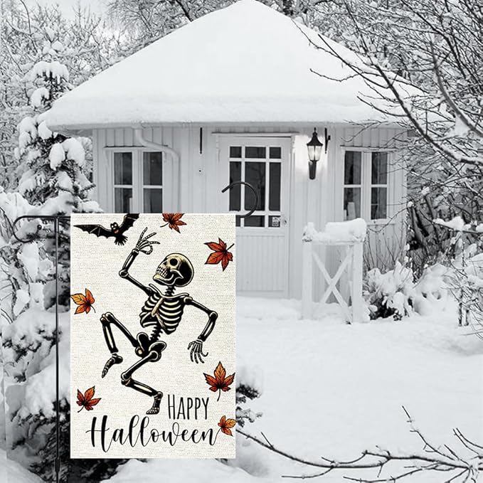 Halloween Garden Flags For Outside Decoration, Fall Garden Flag Funny Happy Skeleton Small Yard Flag For Outdoor Decor 12x18 Inch Vertical Double Sided