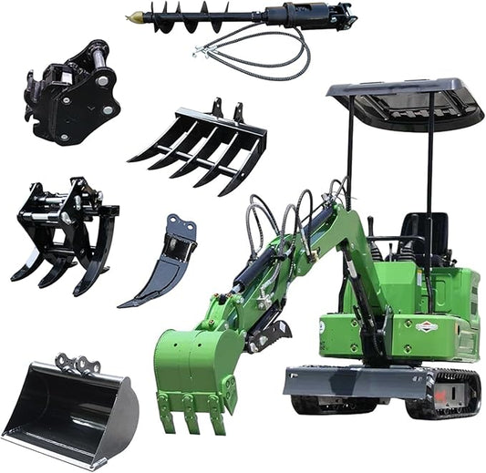 Mini Excavator for 1 Ton B&S Engine with Hydraulic Thumb Clamp,Standard Bucket,Broken Hammer,Ripper, Mud Bucket, Rake, Auger, Quick Change Attachments (g 6 attachments)