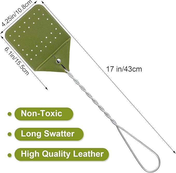 Zopeal 4 Pcs Sturdy Leather Fly Swatter 17 Inch Long Handle Manual Swat Heavy Duty Metal Handle Flyswatter Rustic Fly Swatter for Indoor Outdoor(Orange, Green, Yellow, Purple)