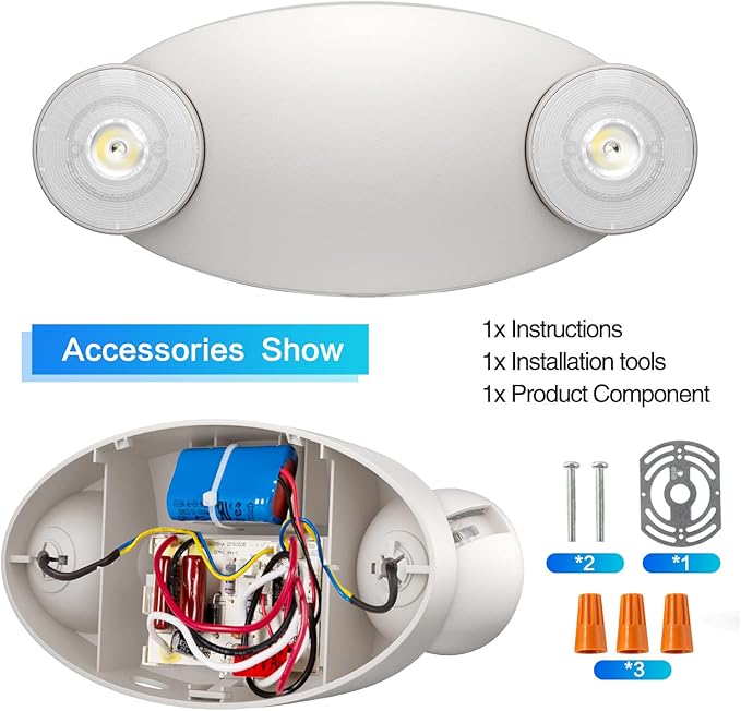 6 Packs LED Emergency Light with Battery Backup-Adjustable Hardwired 2 LED Bug Eye Head Wall Mount -UL Certified 120-22VAC White Emergency Exit Lighting Fixtures for Business/Home