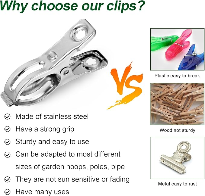 60 Pcs Row Cover Clips, Garden Clamps for Netting, Greenhouse Clamps Made of Stainless Steel, Have a Strong Grip of Greenhouse Clips, For 1/2'', 3/4'', 1'' Garden Hoops or Pvc