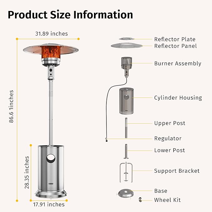 EAST OAK Anti-rust 50,000 BTU Patio Heater for Outdoor Use With Double-Layer Stainless Steel Burner, Round Table Design and Wheels, Outdoor Patio Heater for Home and Commercial, Stainless Steel