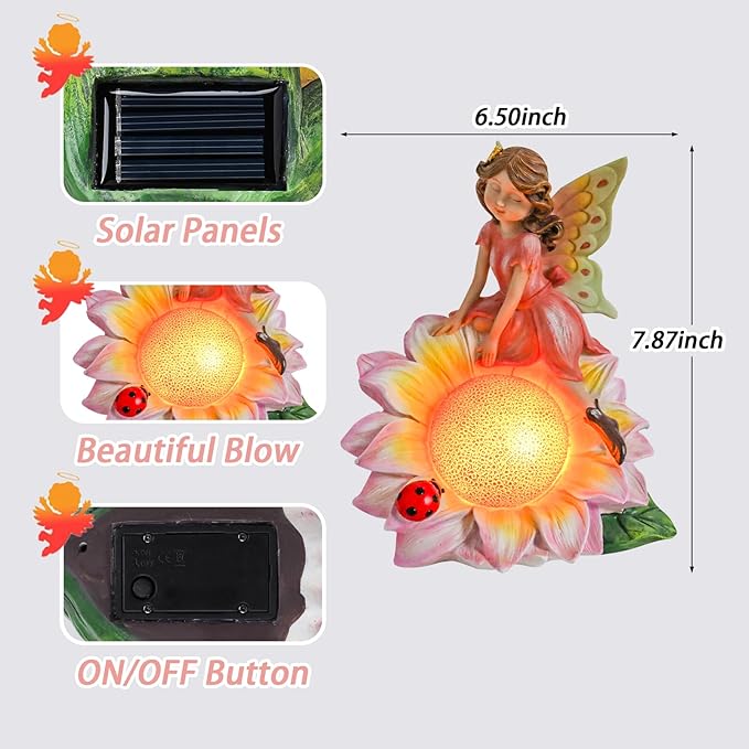 Fairy Garden Statues Outdoor Decor, Solar Fairy Lights Outdoor Sunflower Decor Lawn Ornaments Resin Sculptures Fairies Garden Decor for Outside Yard Art Patio Porch, Gifts for Women Mom