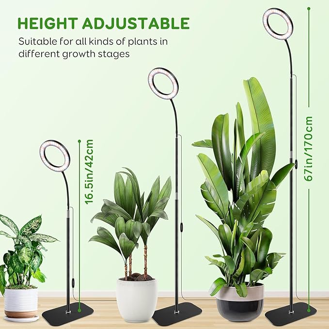 One Head Grow Lights for Indoor Plant Full Spectrum, Plant Lights for Indoor Growing with 3/9/12 Timer, 5 Dimmable Levels, Height Adjustable 16.5''-61", Strong Base for Large Plants