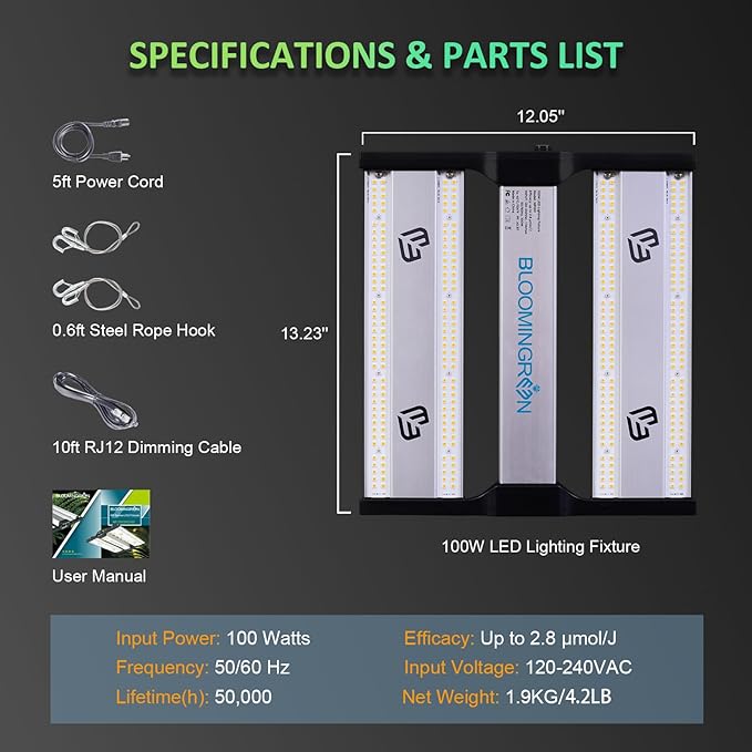 BLOOMINGREEN 100W LED Grow Light with LM301B Diodes&336pcs LEDs,Dimmable Full-Spectrum Growing Lights for Indoor Plants Fixtures,Daisy Chain Grow Lamp in Vertical Farm Grow Tent 2X2/3X3ft Veg/Bloom