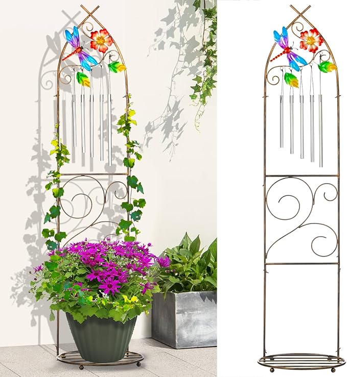 Plant Stands with Garden Trellis, 48” Metal Standing Wind Chimes Plant Pot Trellis with Dragonfly for Garden Patio Backyard Climbing Plants Outdoor Decor