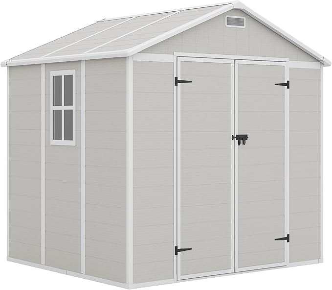 Outdoor Storage Shed, 8x6 FT Resin Shed with Floor and Vents, Window & Lockable Door, Tool Sheds & Outdoor Storage for Bike, Tools, Garden Accessories, Waterproof (Sandstone)