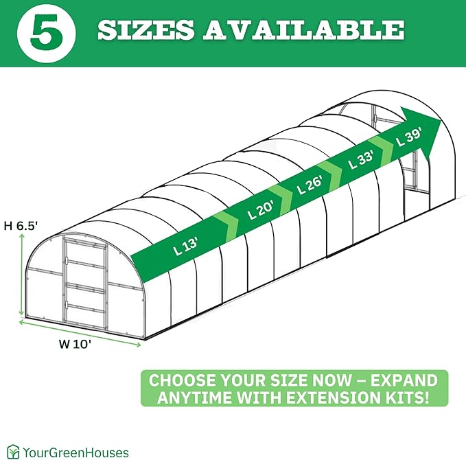 Polycarbonate Tunnel Greenhouse, Weather Resistant & Easy Assembly Greenhouses - Expandable Greenhouse for Outdoors, Garden House Tunnel with 6 Bonus Accessories & 10 Yr Frame Warranty (10x39 FT)