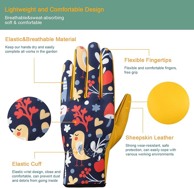 Bamllum Leather Gardening Gloves for Women - Working Gloves for Weeding, Digging, Planting, Raking and Pruning