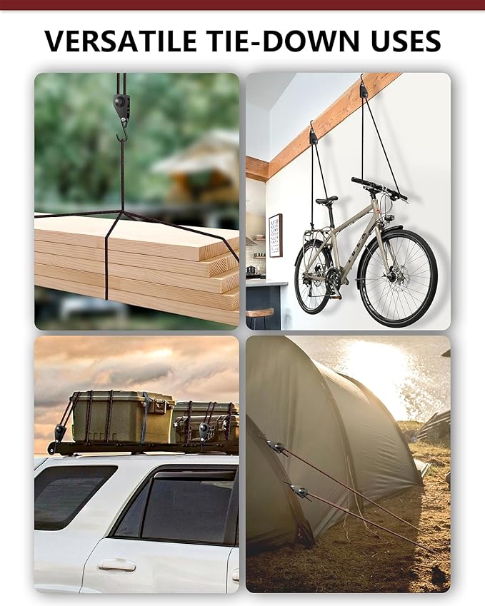 VIPARSPECTRA Ratchet Tie Down Straps, 1/4" Adjustable Rope Hangers [2 Pack, 12FT, 150 lbs/Pack], Heavy Duty Kayak Pulley System with Hooks for Garage Cargo Trucks Tents Grow Lights Various Lashing