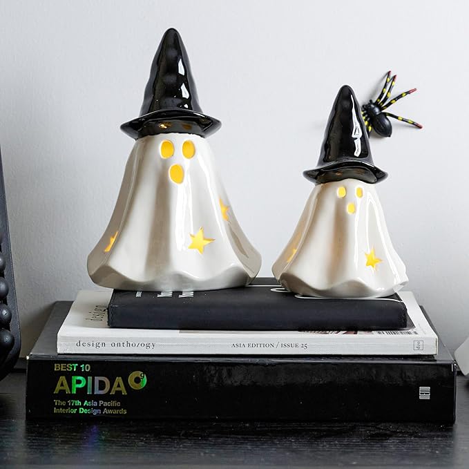 WDS WONDROUS Light Up Halloween Ghost Decorations Set of 2, Cute Ghost Figurines with Witch Hat Halloween Decor, Ceramic Ghosts Light for Indoor Fall Table Decor, Home Tiered Tray Fireplace
