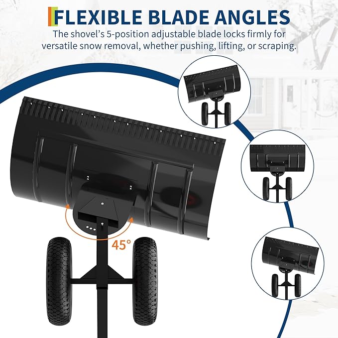 15" H X 30" W Metal Snow Pusher with Wheels, Adjustable Angle & Height Handle for Effortless Snow Removal | Ergonomic Double-Rod Design for Driveway & Sidewalk