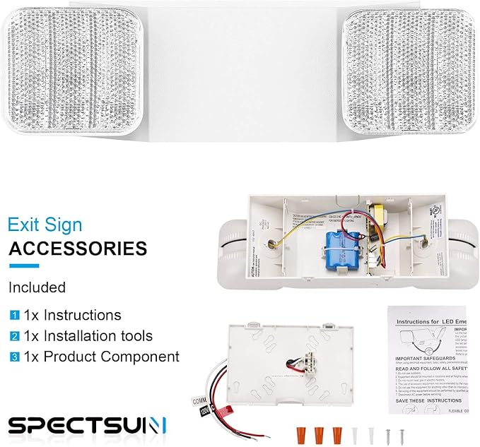 SPECTSUN 12 Pack LED Emergency Lighting Fixture with 2 LED Heads and Hardwired Adjustable White Color Commercial Emergency Lights with Battery Backup for Power Failure