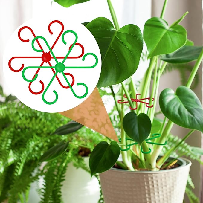 8PCS Plant Stem Support, 4 Sizes Climbing Houseplant Stem Holders, Plastic Reusable Flower Trellis Stem Hook Plant Care Growth Accessories for Flower Plants Indoor Outdoor- Green, Red