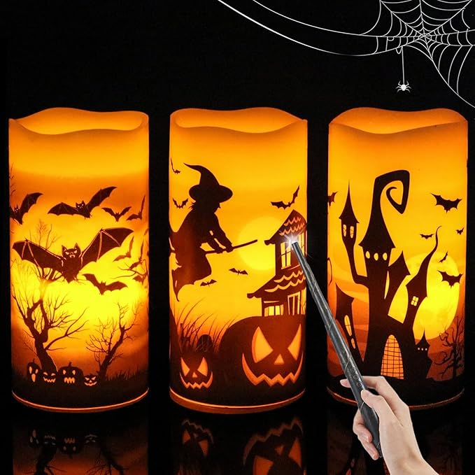 DRomance Halloween Flameless Candles with Magic Wand Remote and Timer, Battery Operated LED Flickering Pillar Candles Real Wax Castle Witch Bats Halloween Decoration Indoor(3 Pack, 3 x 6 Inches)