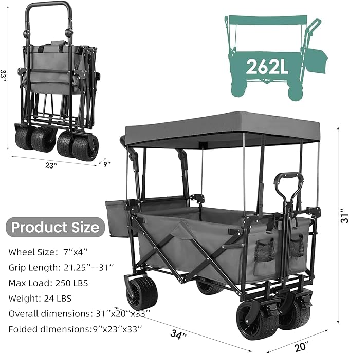 AthLike Extra Large Collapsible Wagon w/Removable Canopy, 250lbs/262L Capacity Foldable Garden Cart w/Rear Storage, Heavy Duty Push&Pull Utility Camping Beach Stroller w/Big Wheel&Adjustable Handles
