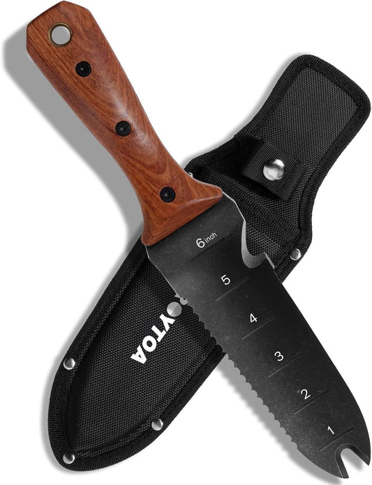 Hori Hori Garden Knife, Garden Tools with Sheath for Weeding,Planting,Digging, 7" Stainless Steel Blade with Cutting Edge, Rosewood Handle with Hanging Hole