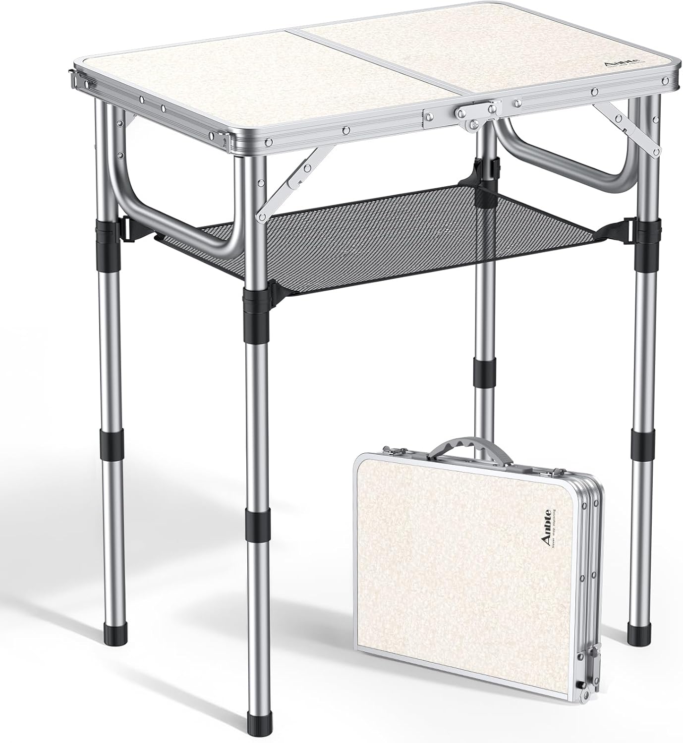 Folding Camping Table, Aluminum 24" x 16" Adjustable Height Small Folding Table with Carrying Handle, Lightweight, Portable Camping Table Waterproof for Outdoor Indoor Picnic Beach BBQ, Silver