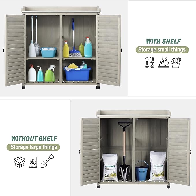 Outdoor Potting Bench with Metal Work Top,Waterproof Garden Storage Cabinet,Wooden Tool Station Shed for Backyard,Patio,Lawn Gardening