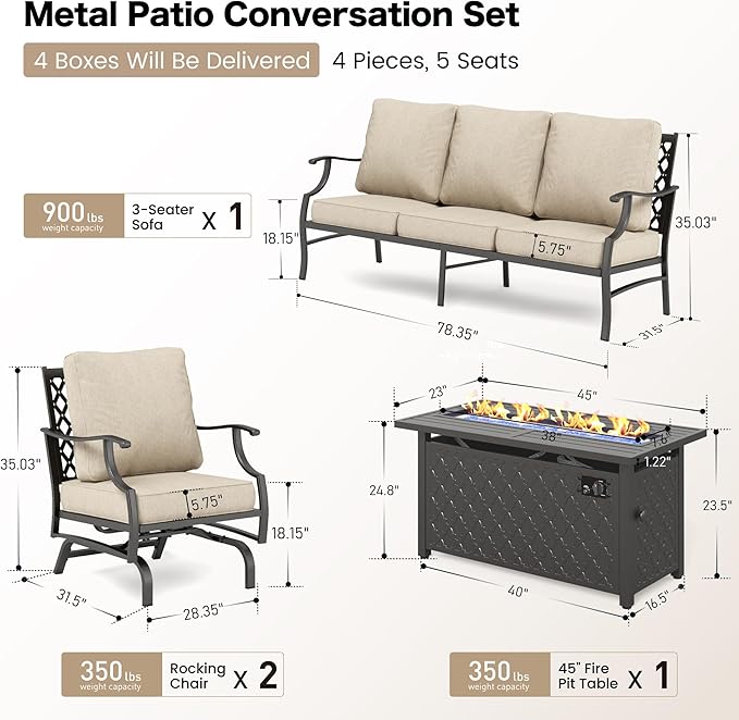 Patio Furniture Set with Firepit Table, 4 Piece Metal Outdoor Patio Furniture, 2 Rocking Chairs and 3 Seater Sofa with 5.75" Extra Thick Cushion and Gas Firepit Table for Backyard Deck