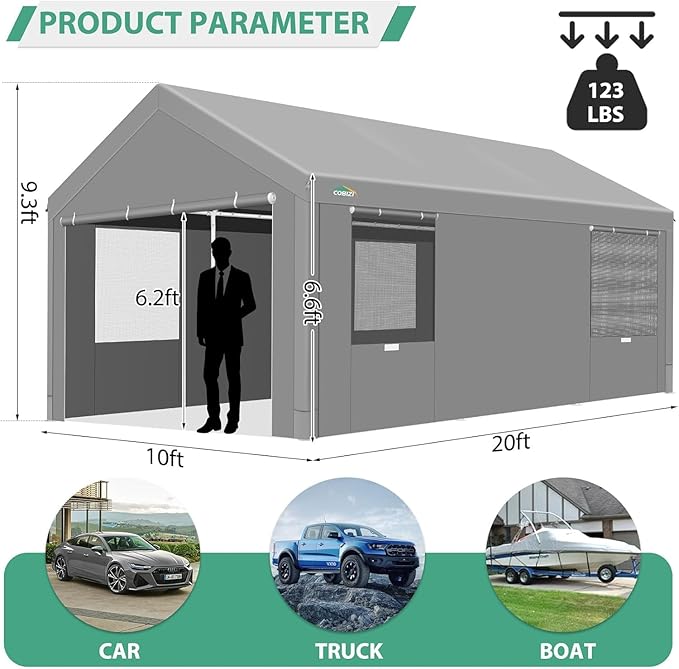 COBIZI Carport 10x20ft Heavy Duty Portable Garage, 2.0 Powder Coated Frame(Better Than Galvanized), Waterproof Shelter with Removable Sidewalls & Windows, Built-in Sandbags, for Car/Boat/SUV, Gray