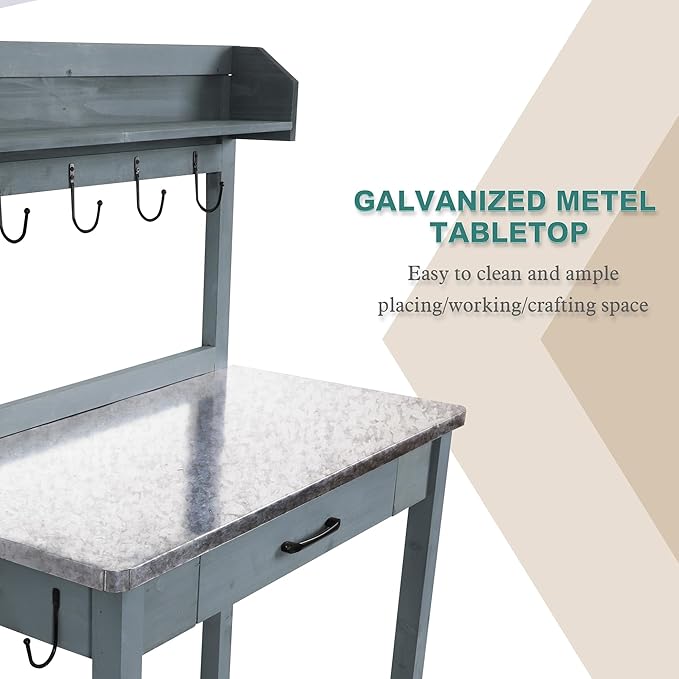 Outdoor Potting Bench Table with Metal Tabletop, Planting Table Potting Work Station with Storage Drawer and Removable Shelf Rack, Garden Potting Table for Outdoors