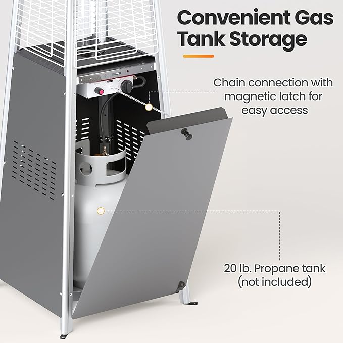 Patio Heater, 48,000 BTU Pyramid Flame Outdoor Propane Heater with Borosilicate Glass Tube, Wheels & Weatherproof Cover, CSA Certified for Backyard, Garden, Porch (Silver Gray)