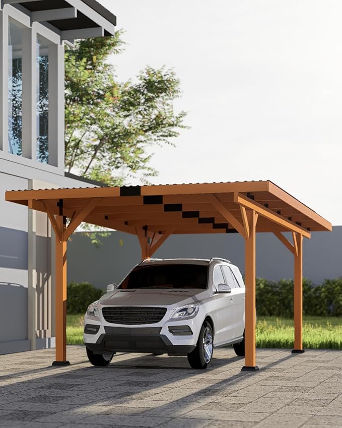 18.3 x 12.6 x 7.8 FT Carport, Wood Outdoor Gazebo Pavilion with Hardtop Sloped Steel Roof, Heavy Duty Waterproof Car Port for Backyard, Patio, Deck and Lawn