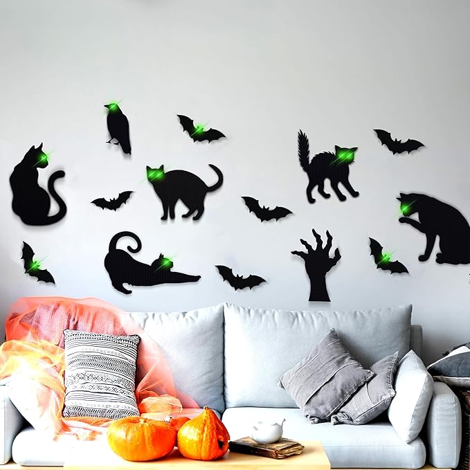 Blulu 8 Pcs Halloween Decorations Outdoor Black Cat Yard Signs with Stakes Scary Silhouette with Glow in The Dark Eyes Corrugated Plastic Waterproof Black Cat Decor for Garden Lawn Patio (Mixed)