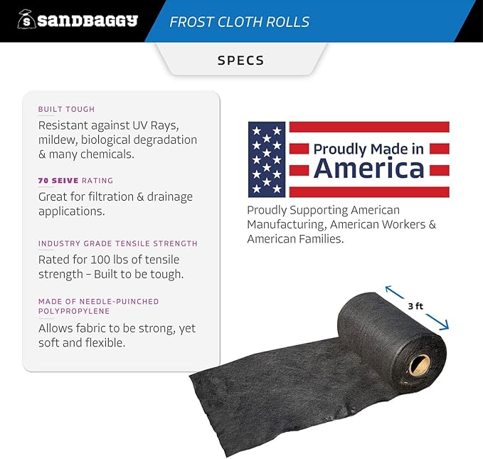 Sandbaggy Frost Cloth Rolls (3 ft x 50 ft) | Winter Cover for Shrubs, Trees, Gardens | Plant Blanket, Freeze Protection | Black, 4 oz Polypropylene (1 roll)