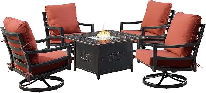 Oakland Living Black Aluminum Patio Fire Table Set with Four Club Chairs with Red Cushions