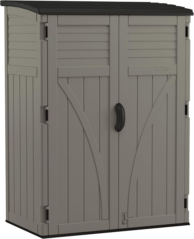 Suncast 54 Cubic Ft. Vertical Resin Outdoor Storage Shed with Lockable Double Doors, Weather-Resistant Multi-Wall Panels, Customizable Shelving, Stoney, Made in the USA