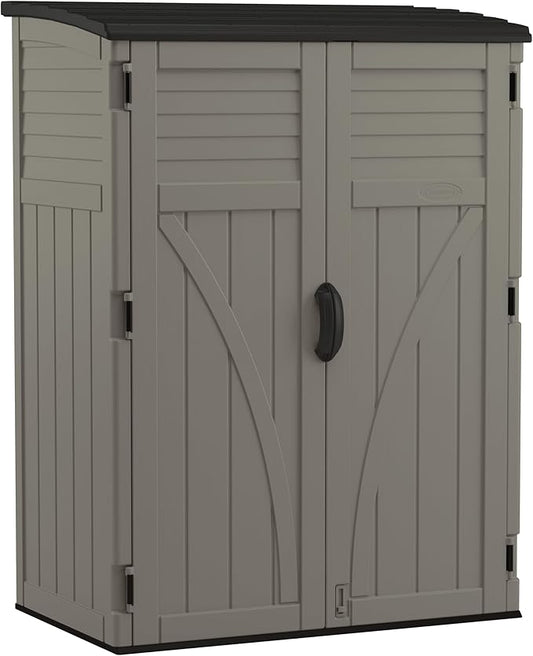 Suncast 54 Cubic Ft. Vertical Resin Outdoor Storage Shed with Lockable Double Doors, Weather-Resistant Multi-Wall Panels, Customizable Shelving, Stoney, Made in the USA