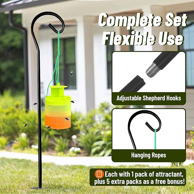 4 Pack Reusable Outdoor Fly Trap with Shepherd Hooks, Non-Toxic Bait for Farm, Garden, Patio. Hanging Flies Killer Catcher, Outside Weather Resistant Bug Control