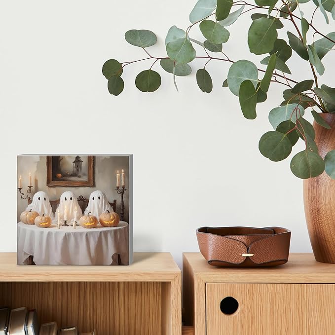 Mtrgdn Cute Halloween Decor,Halloween Decorations Indoor,Ghost with Pumpkin Desk Decor Wooden Box Sign,Halloween Home Office Kitchen Bathroom Bedroom Coffee Bar Table Shelf Wall Decorations,5x5 Inch