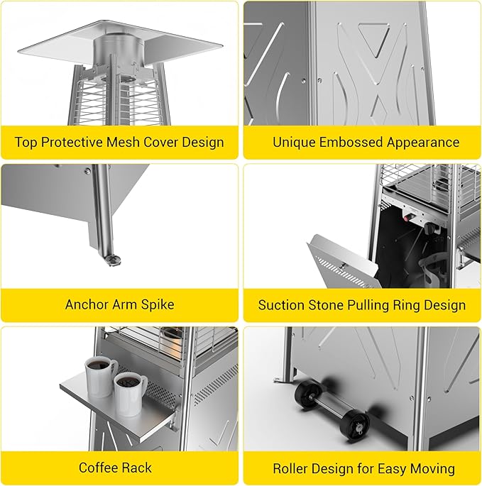 Stainless Steel 42000 BTU Outdoor Patio Gas Heater, Flame Glass Tube Fire Tower with Wheels & Beverage Rack, Safe Portable Heater for Patio Use
