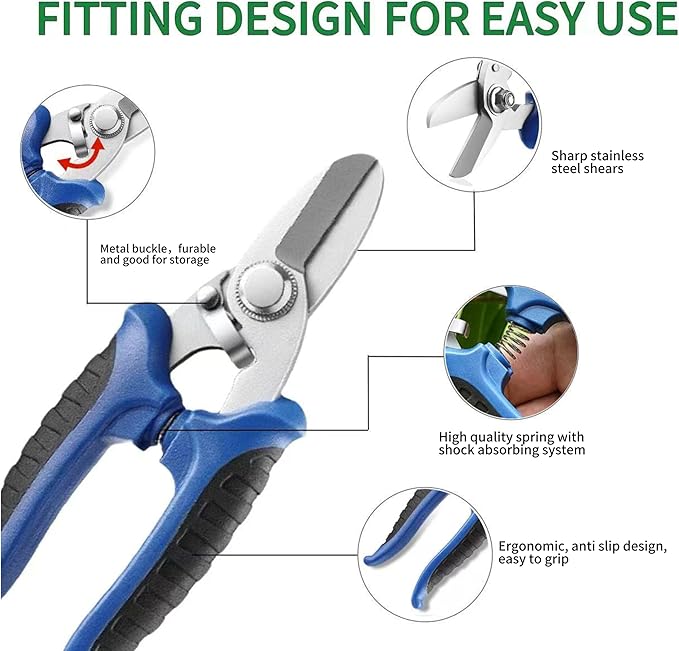 Professional Garden Scissors, 6.5 Inch Heavy Duty Pruning Shears, Blue and Black Comfort Grip