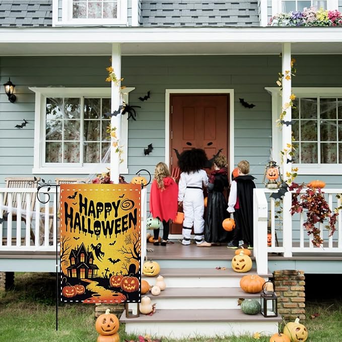 Fokongna Happy Halloween Garden Flag, Halloween Ghost Bat Haunted Castle Decor Flag, 12x18 Inch Burlap Vertical Double Sided Flags, for Home Yard Outside Decorations