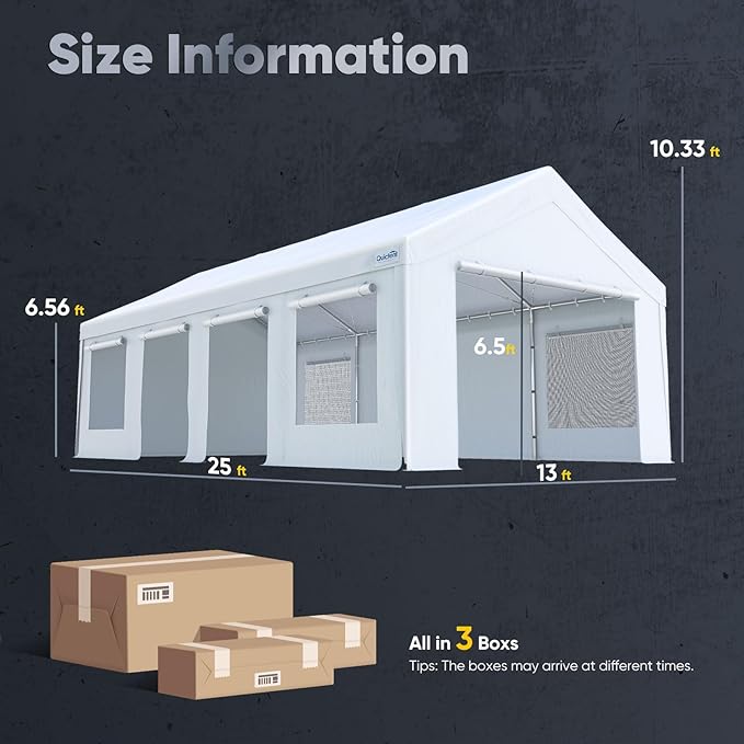 Quictent Heavy Duty 13x25 ft Carports with Side Zipper Doors & Snowproof Steel Cables & Ventilated Windows, Waterproof Storage Shelter for Car, Boat, RV, Outdoor Equipment, White